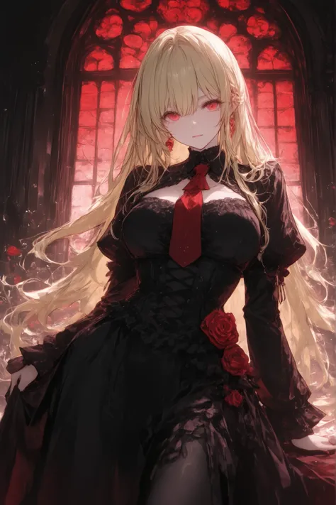 very long lashes、、30 years old、high resolution、high image quality、up、Highly detailed、blonde straight、Red Eyes、black long gothic dress、red tie、Rin々Seems、mature、