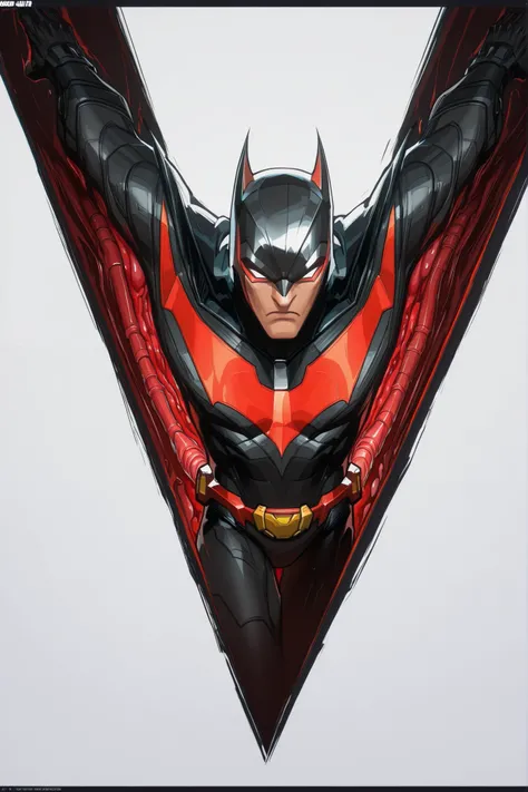 Full Batman helmet design, high-tech helmet design, red visor screen, 2.5D cartoon style, 8K ultra HD, high quality, internal wires coming out of the armour, bold black outlines, white background, dynamic view, front view, concept art