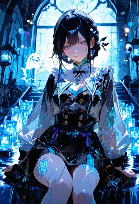 Haunted Castle、1 Midnight、The girl who lost her way、long black hair，Fireball in hand、Lantern Lights、I'm not scared at all!、Lightning echoes、girl wet in the rain、big mansion like a castle、 Ghosts、dimly lit room、State of Ruins、Only ghost eyes light up，shortc...