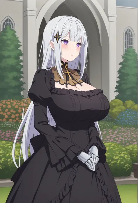 newest , masterpiece , anime screencap , anime coloring , adult ReZero, Solo, long dress, Satella, Anime, 1girl, Mature Female, pointy ears, hair ornament, blush, silver hair, long hair, lips, purple eyes, Huge breasts, view detailed body, ((lady, Black Vi...