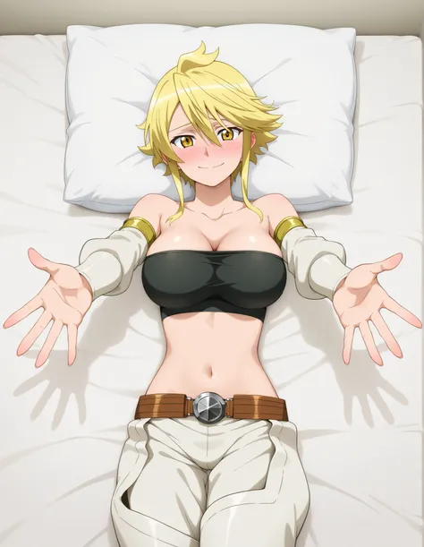 aaleone, short hair, blonde hair, yellow eyes, strapless, black tube top, midriff, belt, black panties, chaps, blushing, shy smile