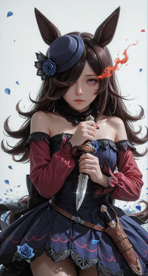 rice shower \(umamusume\), rice shower \(rosy dreams\) \(umamusume\), 1girl, animal ears, armpit crease, back bow, bare shoulders, black bow, blue dress, blue flower, blue hat, blue rose, blurry, blurry foreground, bow, brown hair, closed mouth, cowboy sho...