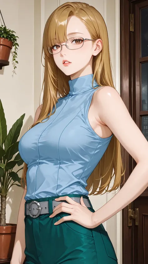 score_9, score_7_up, source_anime, 1girl, cowboy shot in elaborate denim, at night when drunk, parted lips, place your hand on your lower back, Andrews, Blonde, long hair, asymmetrical bang, brown eyes, Glasses, sleeveless shirt, medium chest, blue shirt,...