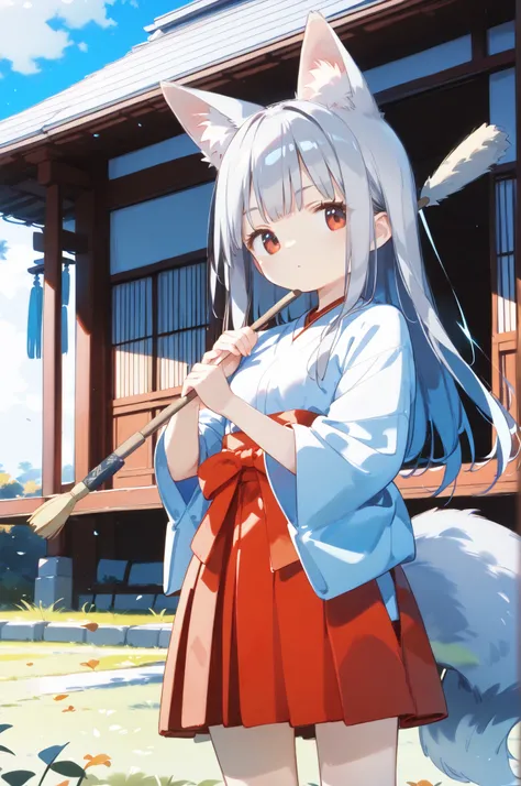 masterpiece、Highest Quality、Highest Quality、8k,anime style、1girls、fox ear、Fox Tail、gray hair、Red eye、Babyface、young、Miko costume、straight hair、full bangs、long hair、Japanese house、garden、standing picture in meadow、 kimono、bamboo duster、Cleaning 、Cleaning up...