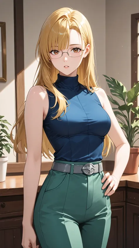 score_9, score_7_up, source_anime, 1girl, cowboy shot in elaborate denim, at night when drunk, parted lips, place your hand on your lower back, Andrews, Blonde, long hair, asymmetrical bang, brown eyes, Glasses, sleeveless shirt, medium chest, blue shirt,...