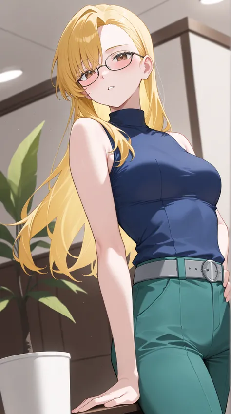 score_9, score_7_up, source_anime, 1girl, cowboy shot in elaborate denim, at night when drunk, parted lips, place your hand on your lower back, Andrews, Blonde, long hair, asymmetrical bang, brown eyes, Glasses, sleeveless shirt, medium chest, blue shirt,...