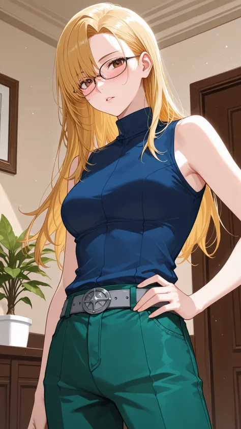score_9, score_7_up, source_anime, 1girl, cowboy shot in elaborate denim, at night when drunk, parted lips, place your hand on your lower back, Andrews, Blonde, long hair, asymmetrical bang, brown eyes, Glasses, sleeveless shirt, medium chest, blue shirt,...