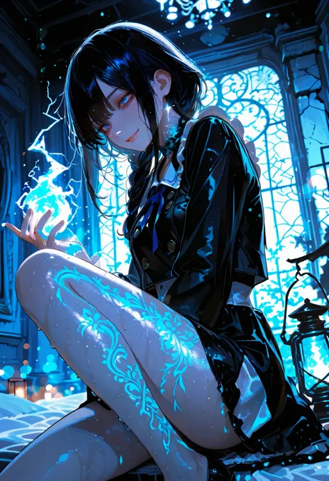 Haunted Castle、1 Midnight、The girl who lost her way、long black hair，Fireball in hand、Lantern Lights、I'm not scared at all!、Lightning echoes、girl wet in the rain、big mansion like a castle、 Ghosts、dimly lit room、State of Ruins、Only ghost eyes light up，shortc...