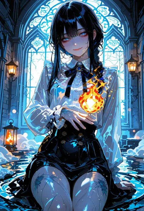 Haunted Castle、1 Midnight、The girl who lost her way、long black hair,Fireball in hand、Lantern Lights、I'm not scared at all!、Lightning echoes、girl wet in the rain、big mansion like a castle、 Ghosts、dimly lit room、State of Ruins、Only ghost eyes light up,shortc...