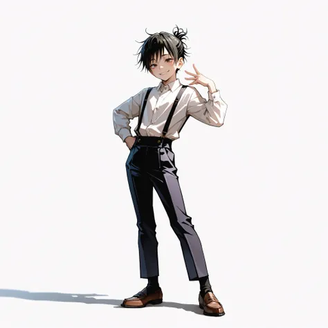 (male), (child boy), (slim body), (black hair), (short tidy hairstyle), (brown eyes), (smiling expression), (solo), (single character), (full body version), (white background), (no background), (highly detailed), (shadow), (standing pose), (natural light),...