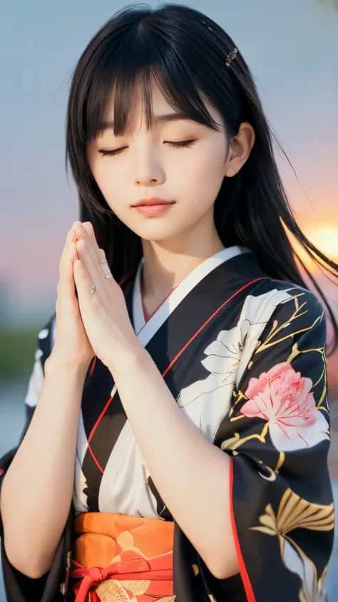 (Close up portrait of two side up black medium hair with bangs girl in a beautiful colorful floral pattern kimono:1.5)、(One girl praying with her eyes closed and palms together at a shrine in Japan:1.5)、(A shrine in Japan with a winter sunset red sky:1.5)、...
