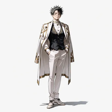 (male), (middle aged man), (slim body), (black hair), (neatly styled medium hairstyle), (brown eyes, goatee, round glasses), (calm expression), (arms in pocket), (solo), (single character), (full body version), (white background), (no background), (highly ...