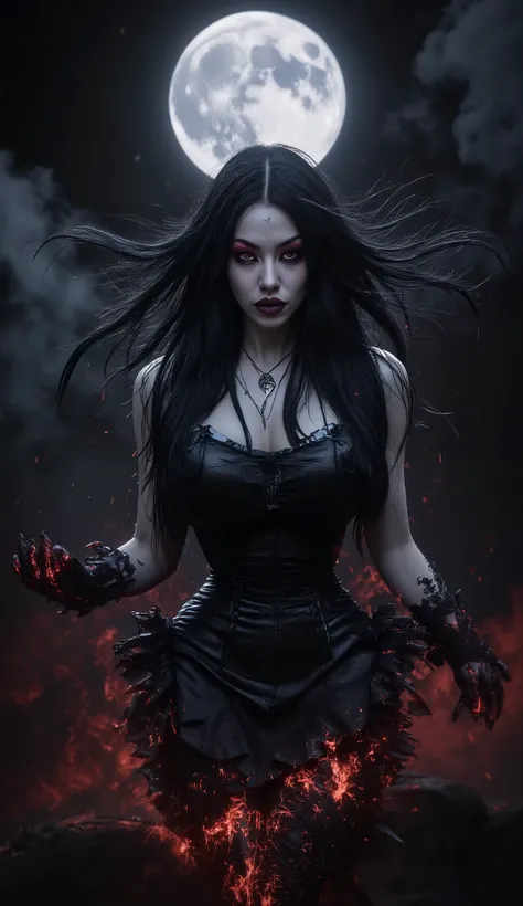 A sultry, raven-haired enchantress emerges from the darkness, her striking scarlet eyes blazing like embers as she navigates a treacherous landscape of unspoken longings and foreboding intentions, her enigmatic smile concealing a labyrinth of hidden fears ...