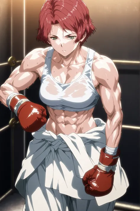 1girl, solo, young mature, yukinakabaneri, green eyes, short hair, red hair, slender, muscular female, boxing gloves, white tank top, clothes around waist, white pants, breasts, midriff, abs, sweating