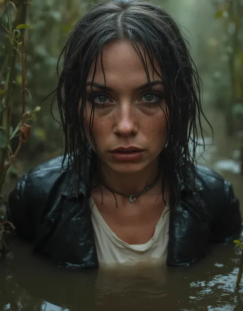 40 year old diva, vulgar makeup , drowning in a viscous swamp . eye bags, t-shirt and leather jacket, in tension