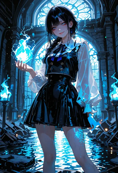 Haunted Castle、1 Midnight、The girl who lost her way、long black hair，Fireball in hand、Lantern Lights、I'm not scared at all!、Lightning echoes、girl wet in the rain、big mansion like a castle、 Ghosts、dimly lit room、State of Ruins、Only ghost eyes light up，shortc...