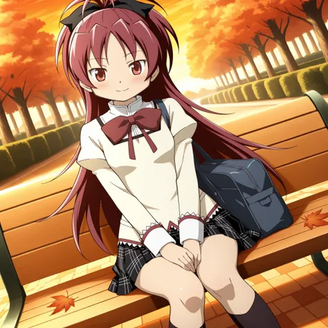 absurdres, highres, masterpiece, best quality, amazing quality, anime style, anime capture, anime screen, 1girl, solo, mahou shoujo madoka magica, sakura kyoko, red eyes, red hair, ponytail, long hair, hair bow, mitakihara school uniform, collared shirt, r...