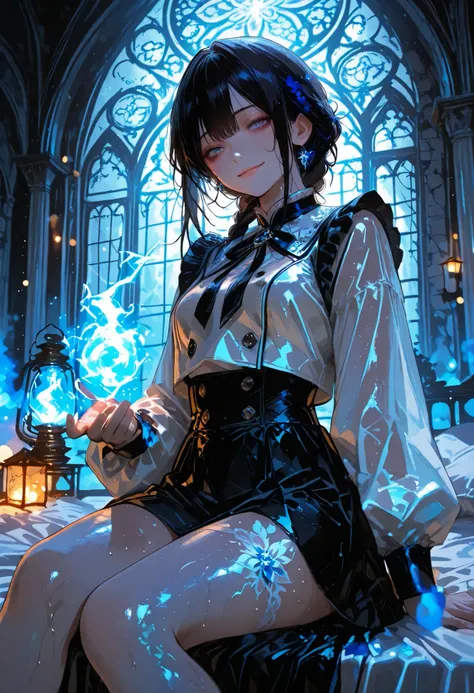 Haunted Castle、1 Midnight、The girl who lost her way、long black hair，Fireball in hand、Lantern Lights、I'm not scared at all!、Lightning echoes、girl wet in the rain、big mansion like a castle、 Ghosts、dimly lit room、State of Ruins、Only ghost eyes light up，shortc...