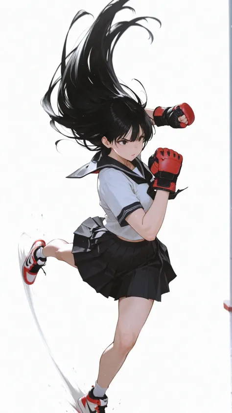 Beautiful Japanese Women, long black hair, pleated skirt swings dynamically,Nike sneakers、Fighting Gloves , Pose, Street Fight, Dynamic Composition, random background, white background/anatomically correct、