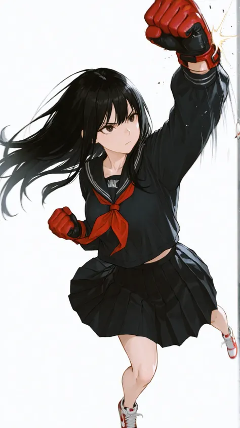 Beautiful Japanese Women, long black hair, pleated skirt swings dynamically、solo,Nike sneakers、Fighting Gloves , Pose, Street Fight,clenched hands, punching, uppercut, rising fist, chin-up target, recoil motion, impact effect、Dynamic Composition, random ba...