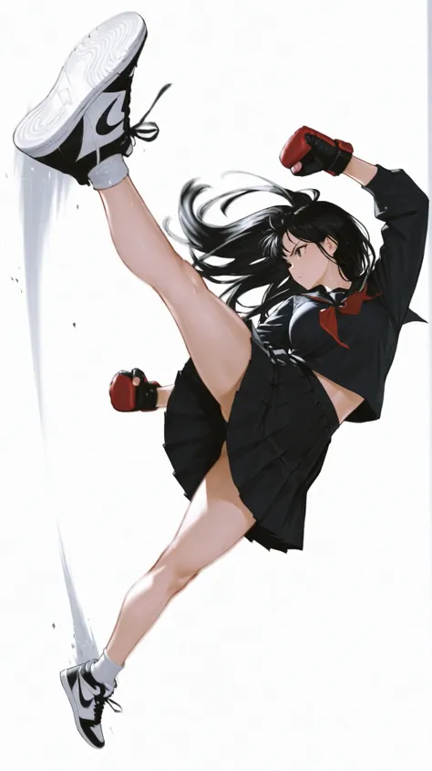 Beautiful Japanese Women, long black hair, pleated skirt swings dynamically,Nike sneakers、Fighting Gloves , Pose, Street Fight,flying kick, midair, leg extended forward, motion blur, dynamic pose、Dynamic Composition, random background, white background/ana...