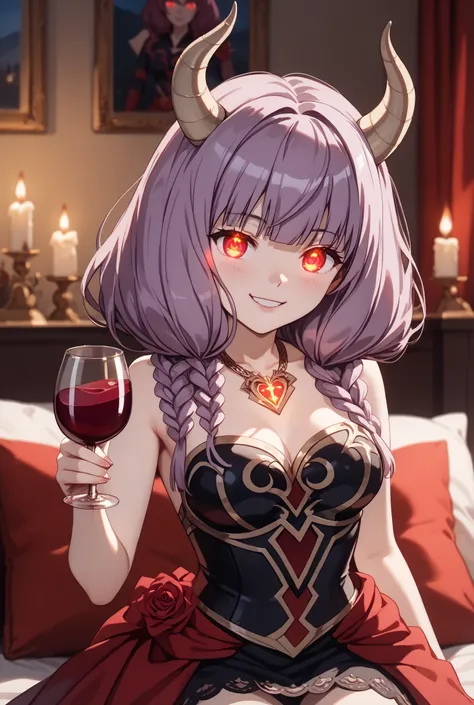 masterpiece,Super Detailed,beautiful faces,And high-precision,(cute Devil's Rose assassin girl:1.5),(ONE WOMAN),she's sitting in the devil's dark bedroom bed,There's a devil's candlestick behind the bed、Candlelight,external, Expression of victory ,(unbro...