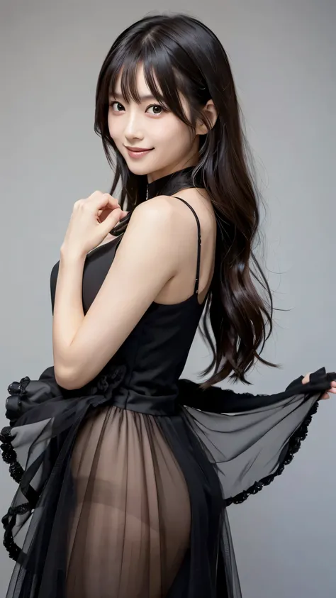Japanese model woman is posing in a black dress、 full body photo , romantic dress、 Black Sleeveless Dress , gorgeous women, Full body portrait, A bewitching young woman , See-through dress, Feminine Girly Dress ,Full pose、 looking at camera、, detailed b...