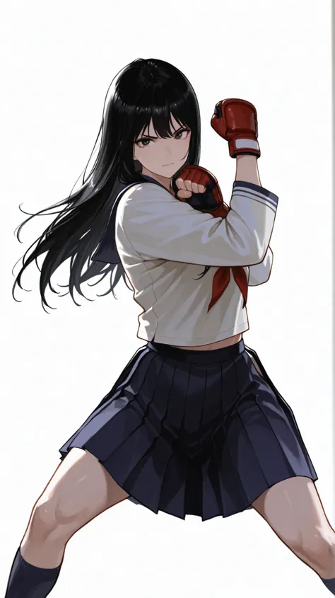 Beautiful Japanese Women, long black hair, pleated skirt swings dynamically、Fighting Gloves , Pose, Street fight karate stance、front stance (zenkutsu-dachi)/horse stance (kiba-dachi)、Dynamic Composition, random background, white background/anatomically cor...