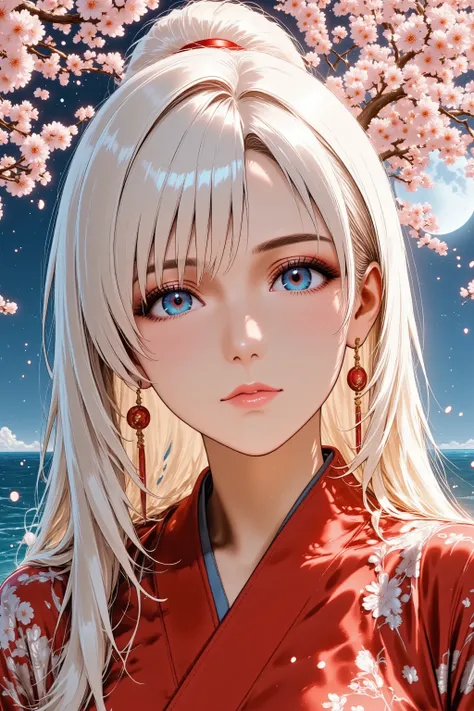 anime style、High Angle Shot、mysterious woman、makeup、red lips、Oriental luxury kimono、Cherry blossom branches in hand、Poses that dance gracefully、Quiet Expressions、on the night of the full moon、 Light Reflected on the Water 、Fantastic Colors、 traditional Jap...