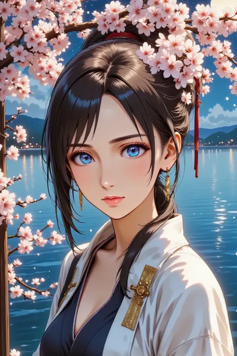 anime style、High Angle Shot、mysterious woman、makeup、red lips、Oriental luxury kimono、Cherry blossom branches in hand、Poses that dance gracefully、Quiet Expressions、on the night of the full moon、 Light Reflected on the Water 、Fantastic Colors、 traditional Jap...