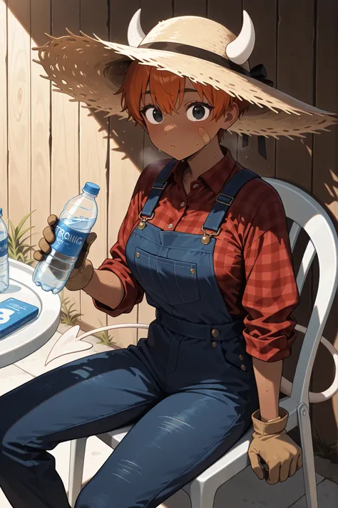 1girl, tanned, dark-skinned female, demon girl, sweaty, sharp horns, horns, white horns, hairy wrists, country girl, orange hair, very short hair, tomboy, tomboyish haircut, black eyes, surprised eyes, simple eyes, closed mouth, (strong), medium breast, re...