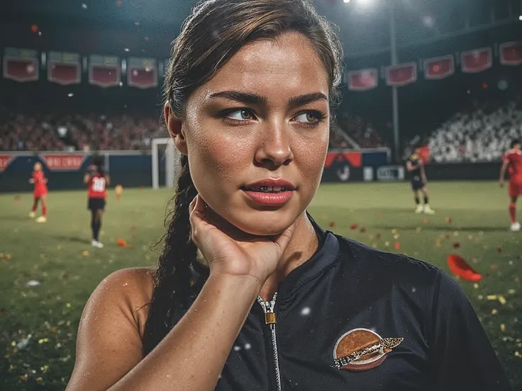🌟 high resolution, emotional & realistic — in the style of an award-winning sports photo with an intensive close-up perspective and dramatic lighting.
🌌 Hintergrund:
A muddy soccer field in the evening light, stadium flood throws reflect in puddles. Blurre...