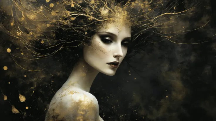 Bastien Lecouffe-Deharme´s and Tim Burton´s painting depicting A woman dressed in black, her dress transforms into a trail of dark particles, she walks through a dark and lifeless place , dark creatures hidden in the darkness, scary eyes watching her wal...