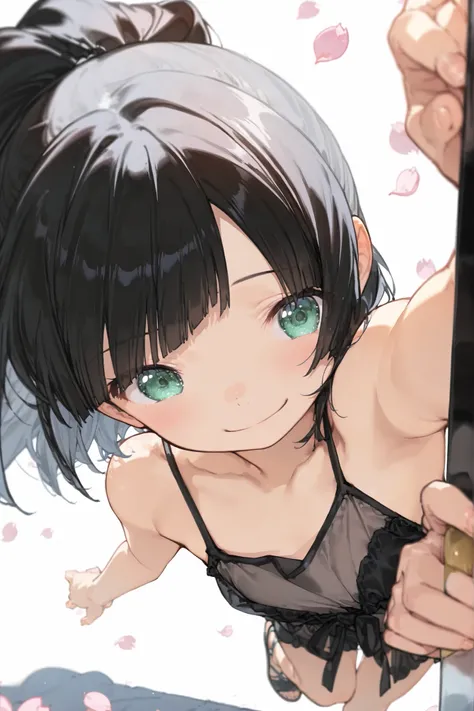 ((White background:1.4)) (High-resolution masterpiece, high resolution, high selection accuracy, high resolution, best quality:1.2) (Ultra high resolution, 8K)((black hair,Medium ponytail))diagonal bangs, hair covering eyes:1.3, beautiful green eyes, blue ...