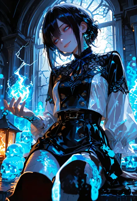 Haunted Castle、1 Midnight、The girl who lost her way、long black hair，Fireball in hand、Lantern Lights、I'm not scared at all!、Lightning echoes、girl wet in the rain、big mansion like a castle、 Ghosts、dimly lit room、State of Ruins、Only ghost eyes light up，shortc...