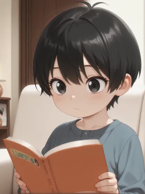 Masterpiece, Best Quality, Newest, Safe, Good Anatomy, Good Resolution, Good Lighting. Beautiful, Anime, Normal, Adorable. Little Boy, Short Black Hair, Black Eyes, Black Eyelashes, Light Skin. He is 4 years old. Alone, Looking at Viewer, Background: Livin...