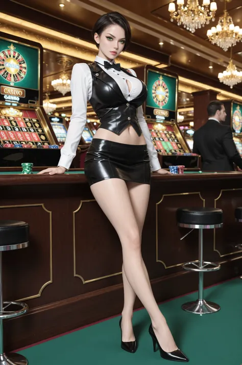(highest quality, hight resolution, masterpiece:1.3) solo, girl, THE CASINO CROUPIER,green eyes, tsurime, pink and very short hair, large breasts, navel, detailed skin, White shirt, black short leather vest, black bow tie, black leather miniskirt, pencil s...