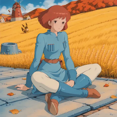 (Masterpiece, top quality, 8k, High quality anime, detailed and accurate anime poster, Studio Ghibli style, High sense Art ), Nausicaa, 1girl, very cool, she is sitting on field, top of the hill, look at viewer, mouth open a little, beautiful marble wall,...