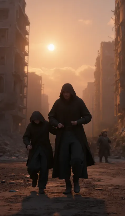 Make  an image of characters , father and son walking in a devastated city with cloak, they holding each other , 8k resolution, cinematic background, the sun is high.
