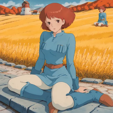 (Masterpiece, top quality, 8k, High quality anime, detailed and accurate anime poster, Studio Ghibli style, High sense Art ), Nausicaa, 1girl, very cool, she is sitting on field, top of the hill, look at viewer, mouth open a little, beautiful marble wall,...