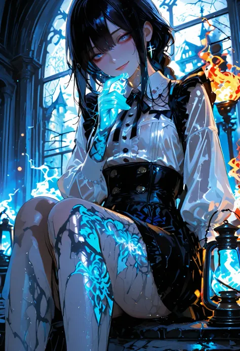 Haunted Castle、1 Midnight、The girl who lost her way、long black hair，Fireball in hand、Lantern Lights、I'm not scared at all!、Lightning echoes、girl wet in the rain、big mansion like a castle、 Ghosts、dimly lit room、State of Ruins、Only ghost eyes light up，shortc...