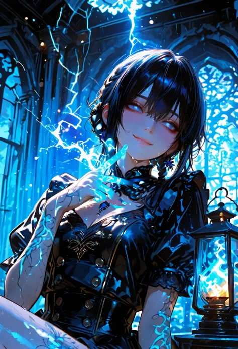 Haunted Castle、1 Midnight、The girl who lost her way、long black hair，Fireball in hand、Lantern Lights、I'm not scared at all!、Lightning echoes、girl wet in the rain、big mansion like a castle、 Ghosts、dimly lit room、State of Ruins、Only ghost eyes light up，shortc...