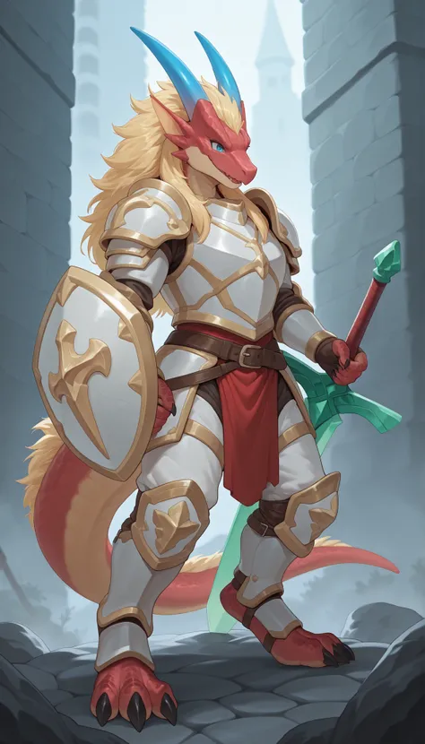 4g1typ3,Kobold, tail, short stature, short, light red and baige body,scales,scalie, standing, male, solo, blue and red horns, red and blue tail, black claws, blue eyes, blonde mane, tail mane, BREAK
white and gold medieval armor, white armor pants, BREAK
H...