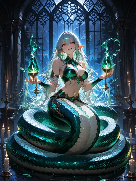 a stunning lamia woman with shimmering silver hair flowing like liquid moonlight and glowing red rabbit-like eyes, her upper body elegant and humanoid while her lower body is that of a majestic serpent covered in emerald-green iridescent scales, she sits g...