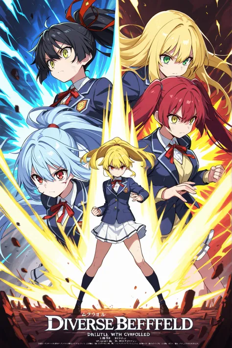 ((masterpiece),(absurdres),(ultra detailed),(beautiful detailed),   students with various hairstyles and hair colors participating in otherworldly battle, female students, multiple girls, diverse hairstyles, yellow eyes,green eyes,blonde hair, black hair, ...
