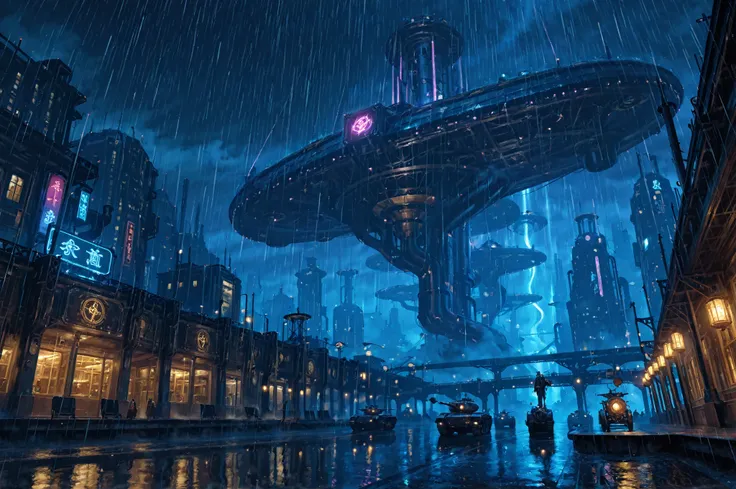 Illuminated industrial park at night, wide shot, panorama, ultra-detailed, anime background, cyberpunk, fantasy, neon, magic, steampunk elements, massive factory, pipes, tanks, intricate machinery, flying gondolas, orbs, crest, floating runes, fantastical ...