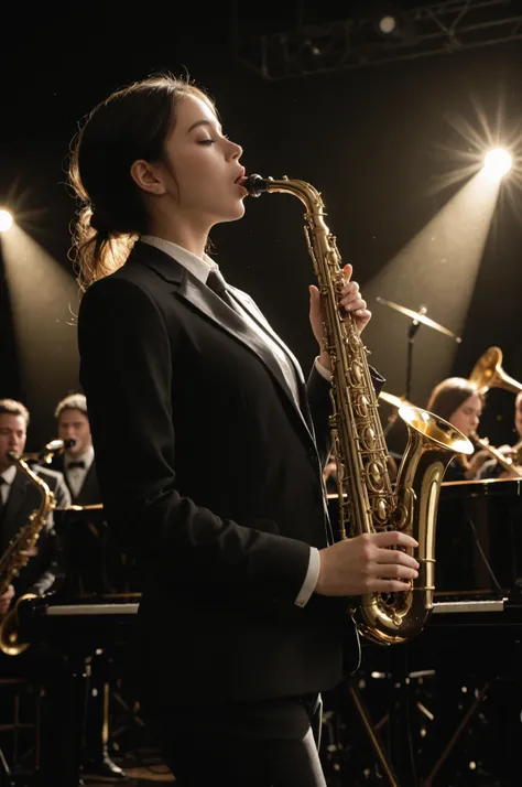 live music club,Solo part of a jazz band,playing saxophone with a mysterious expression in the spotlight. The audience holds its breath,lost in the music.