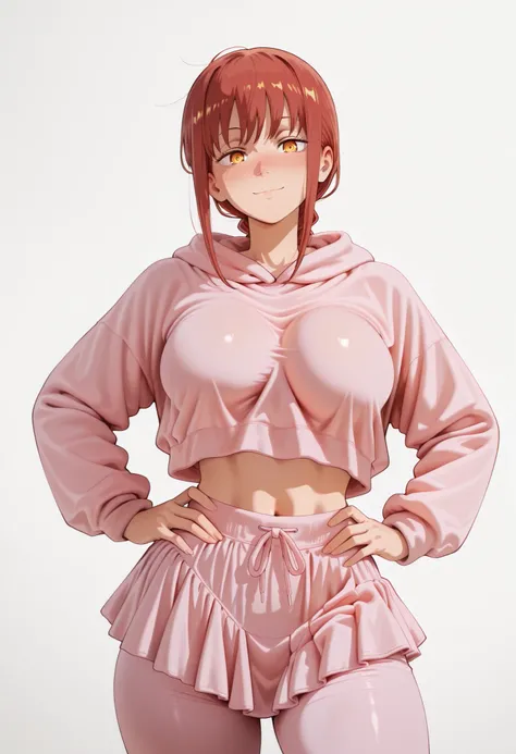 1girl, solo, makima, chainsaw man_makima, chainsawman_style, manga_style, Tatsuki fujimoto_style, red hair, long hair, braided ponytail, yellow eyes, ringed eyes, large breasts | Standing,, accentuated breasts,, smiling, closed mouth, Looking At Viewer, ti...