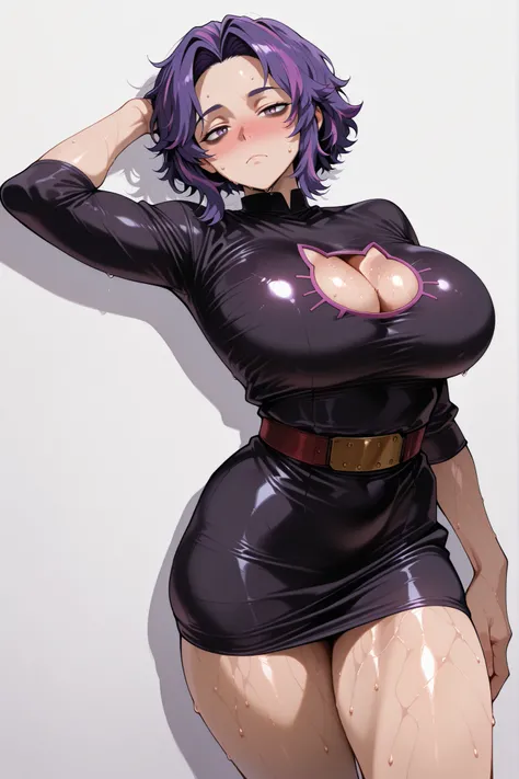 score_9, score_8_up, score_7_up, score_6_up, source_anime, BREAK 1girl, solo, bags under eyes,  ladynagant, purple hair, streaked hair, short hair, purple eyes,, (huge breasts:0.7), looking at you,,, looking at viewer, cowboy shot, dutch angle, solo, nice ...