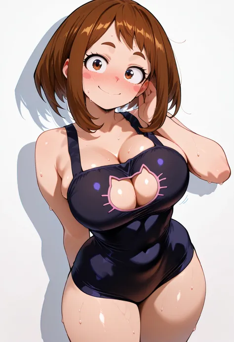 (masutepiece, Best Quality, hight resolution,, Perfect Pixel, depth of fields, 4K), Beautiful anime girl, Perfect body , uraraka ochako ,, ,,, cleavage, navel,, , , jewelry, , , sweat, , ,looking at viewer, , , ,, smile, , blush, with an extremely curvy an...